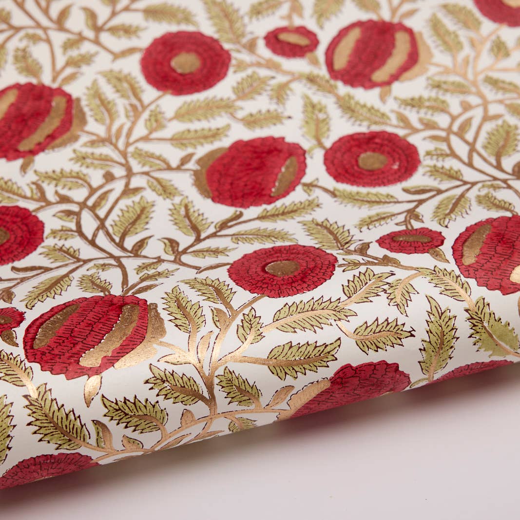 Block Printed Luxury Wrapping Paper - Marigold Scarlet - Winter's Moon 