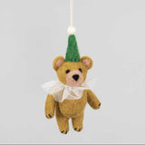 Small brown teddy bear ornament with a green hat and white neck frill 