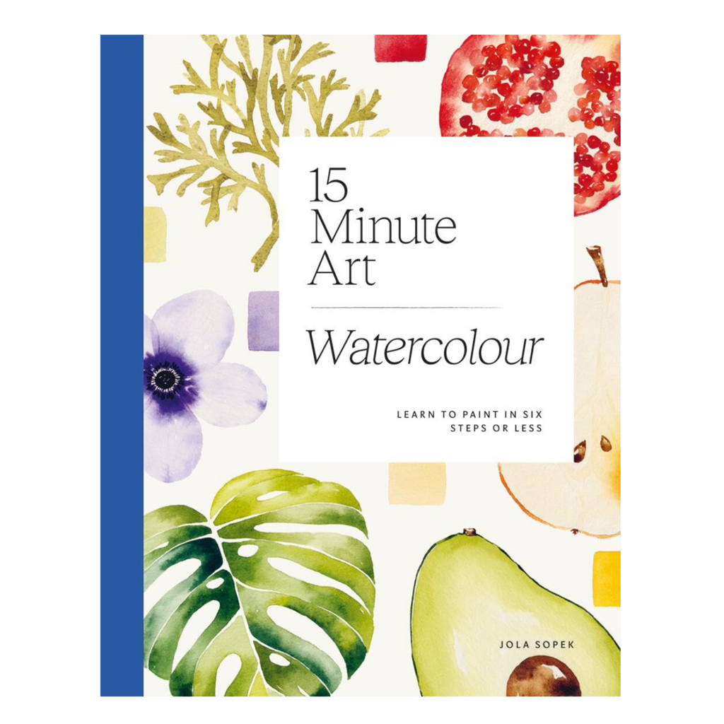 Book cover of '15 Minute Art Watercolour' with artistic illustrations on a white background.