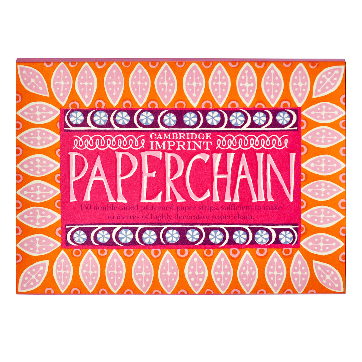 Cambridge Imprent - Paperchain box featuring a vibrant orange and pink patterned design with a central pink label that reads 'PAPERCHAIN' - winter's moon