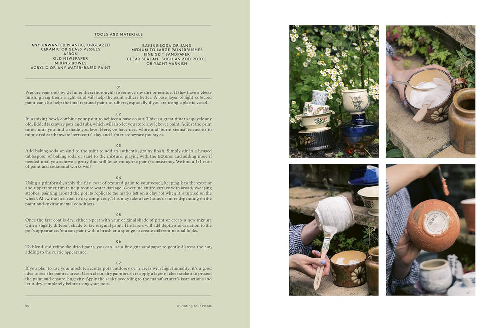 Book page with text and images of a person painting terracotta in an outdoor setting.