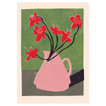 Illustration of a pink vase with red flowers against a green background