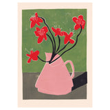 Illustration of a pink vase with red flowers against a green background