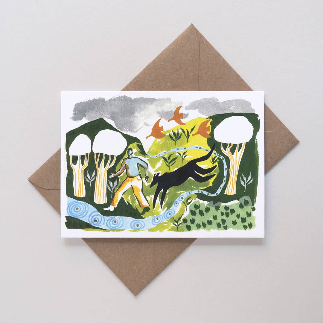 printer johnson - black dog seasonal greetings card with envelope - winter's moon