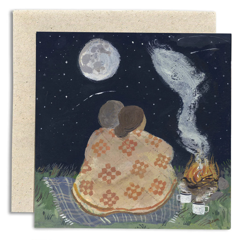 Illustration of a couple sitting by a campfire under a moonlit sky, wrapped in a patterned blanket.