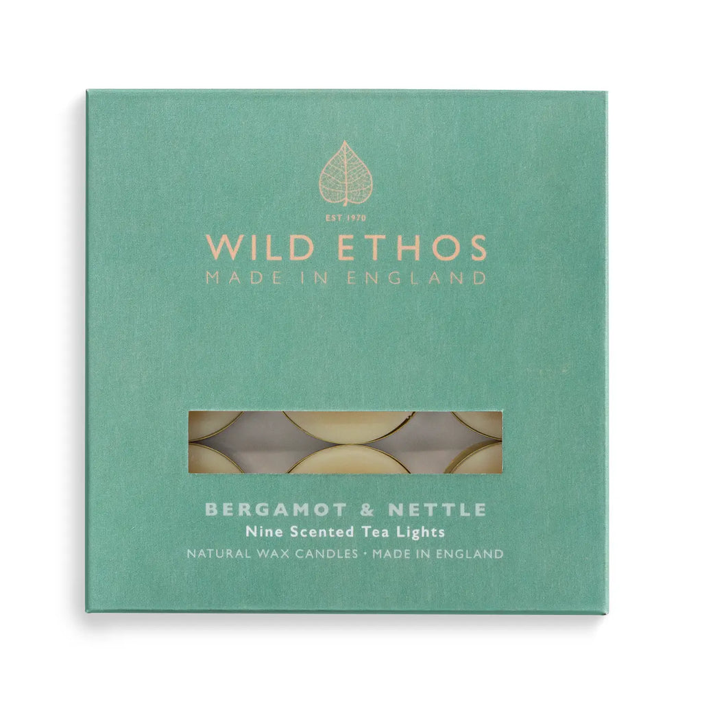 Box of Wild Ethos Bergamot & Nettle scented tea lights on a white background