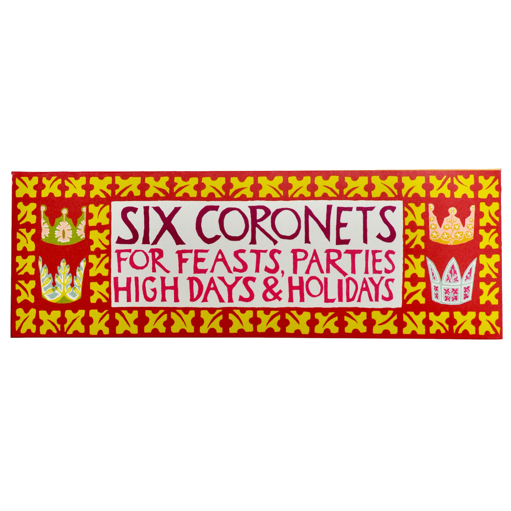 Decorative packaging with text 'Six Coronets for Feasts, Parties High Days & Holidays' on a white background.