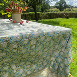 Indian Block Print Tablecloth -  Olive & Turquoise Floral