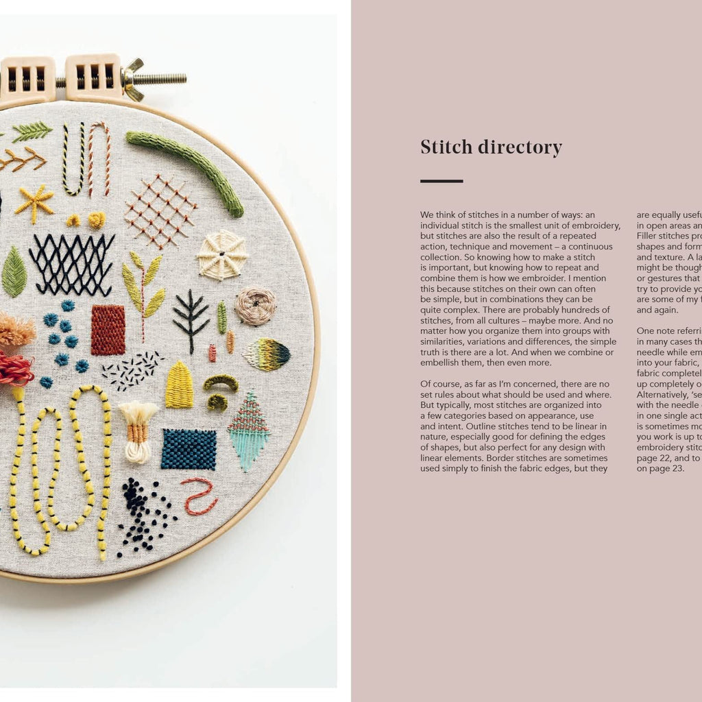 Embroidery hoop with various stitches on a page from a book titled 'Stitch Directory'.