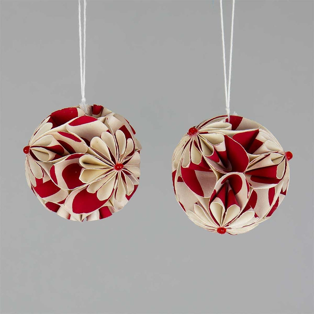 Two paper folded flower red and white baubles