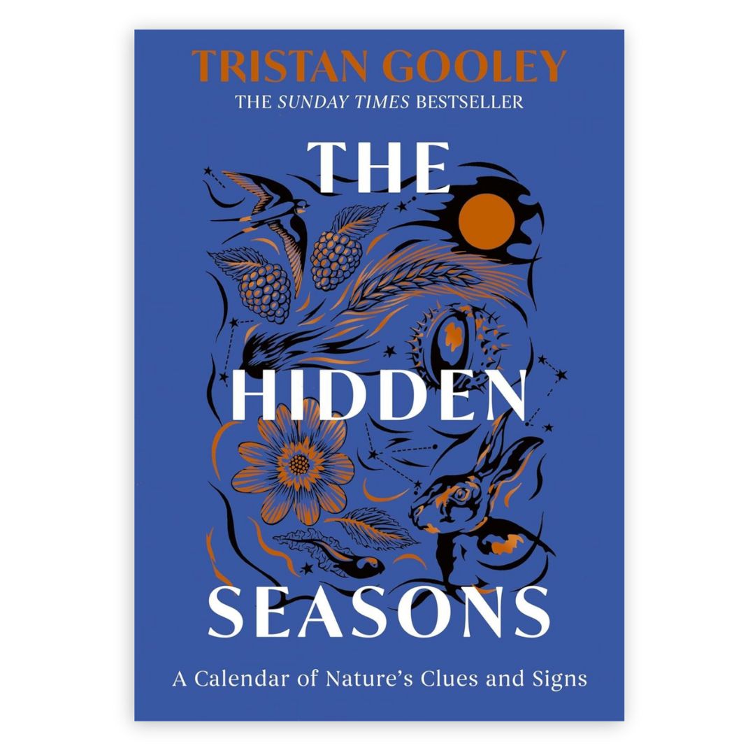 Book cover of 'The Hidden Seasons' by Tristan Gooley with nature-themed illustrations on a blue background.