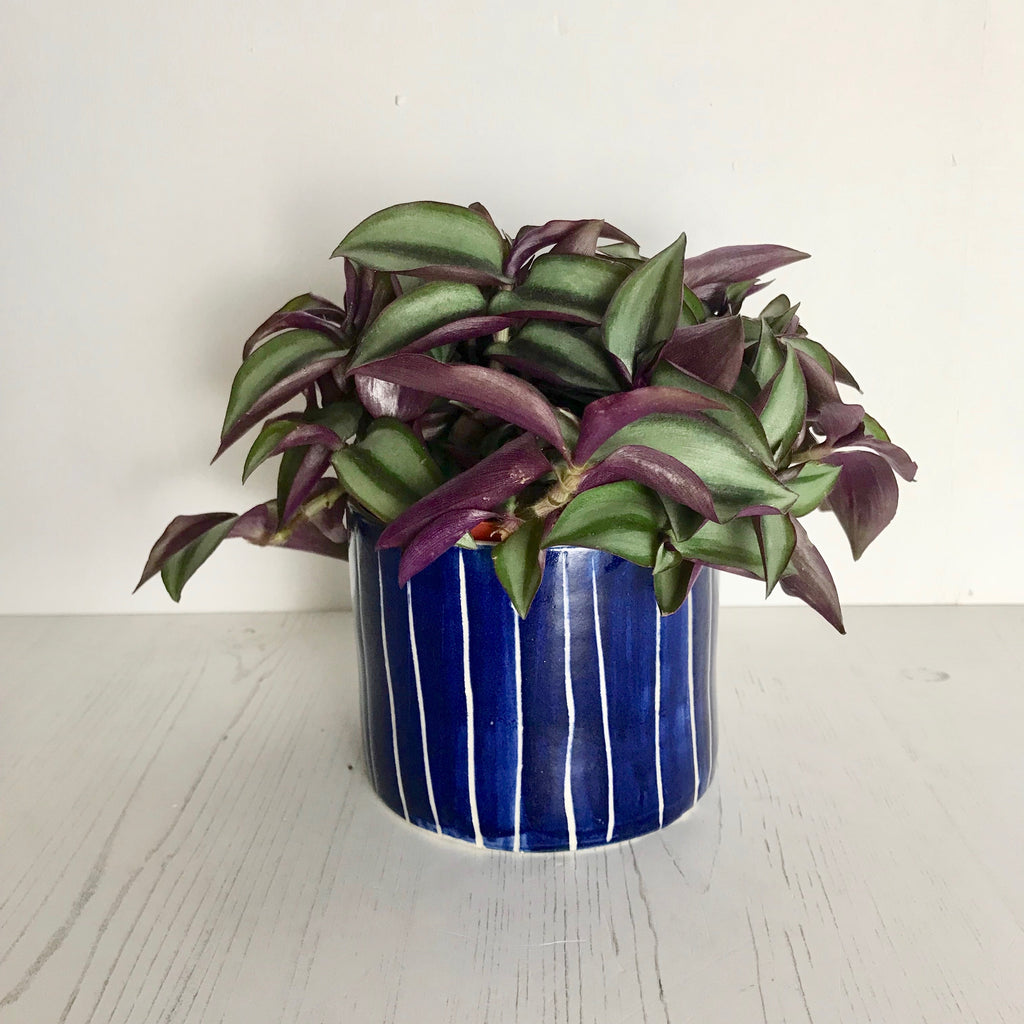 Handmade navy blue stoneware striped plant pot