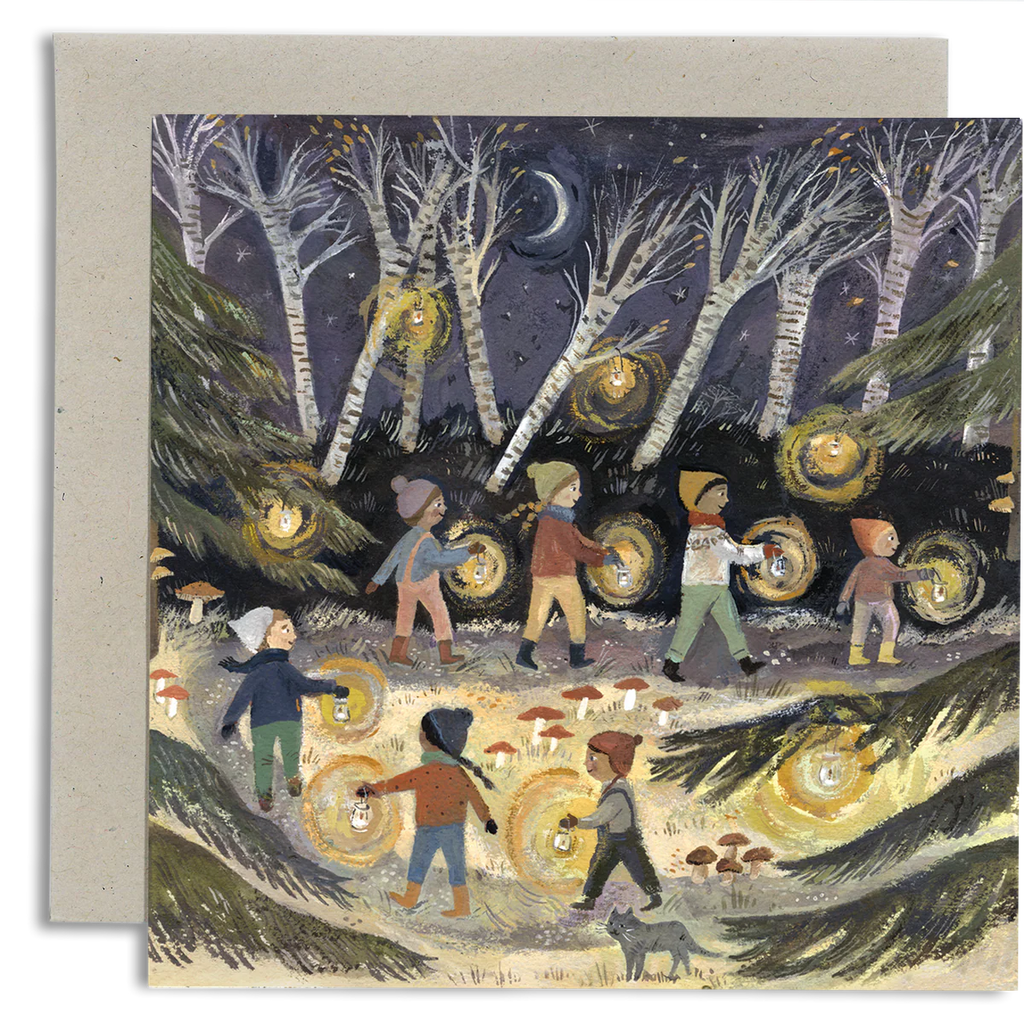 Illustrated card with children and a dog walking through a forest at night, surrounded by glowing lanterns.