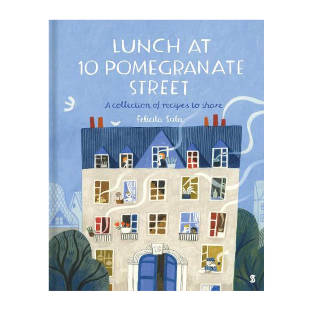 Book cover of 'Lunch at 10 Pomegranate Street' with an illustration of a building.