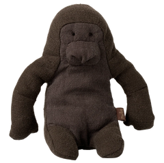 A dark brown plush gorilla toy made of textured fabric, shown against a plain white background.
