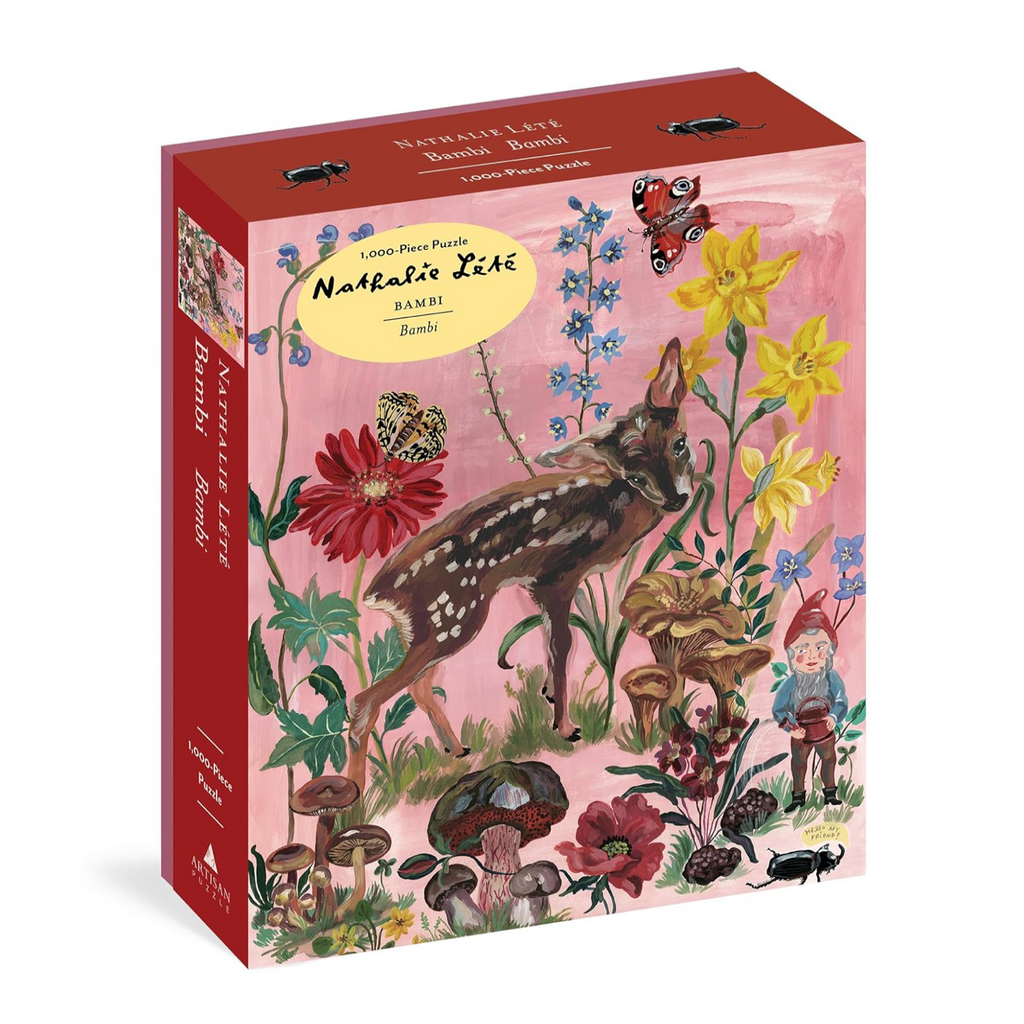 Natalie Léhé Bambi puzzle box with a deer and floral design on a pink background