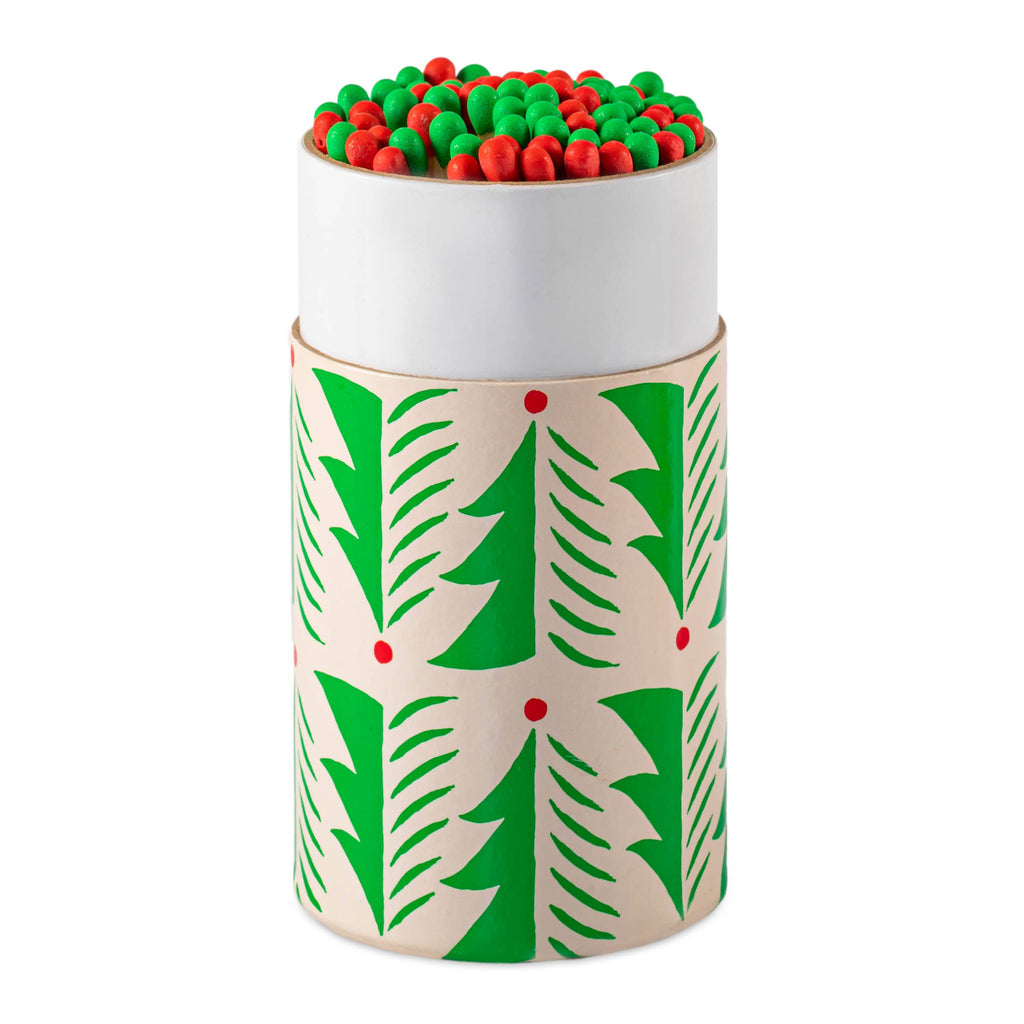 Decorative cylindrical container with green and red pattern on a white background