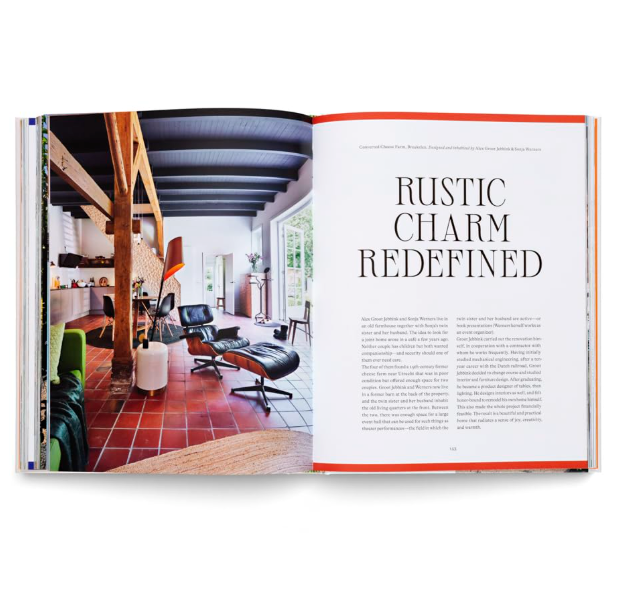 Open book showing an interior design layout with a rustic theme.