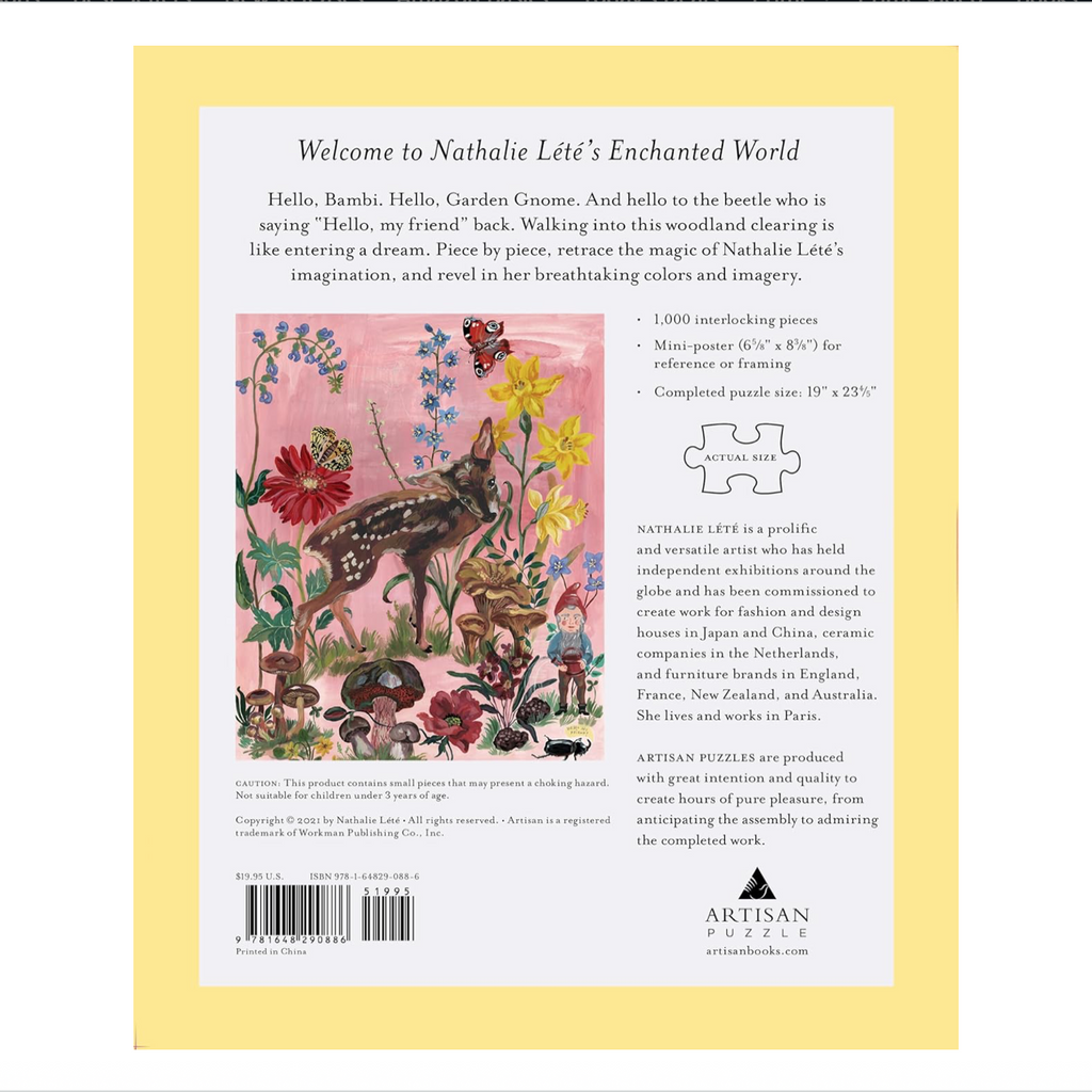 Back cover of a puzzle packaging with artwork and text about Nathalie Lete's Enchanted World.
