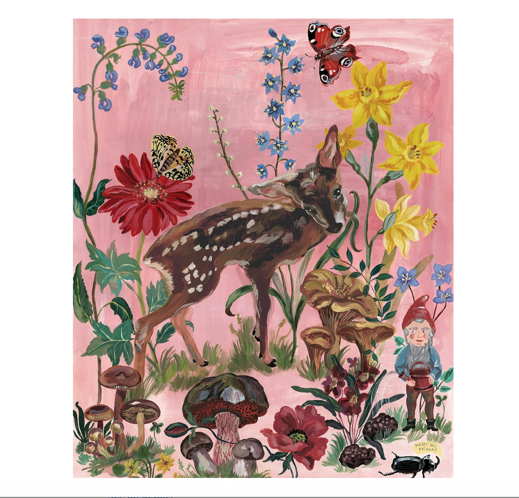 Illustration of a deer, flowers, and mushrooms on a pink background