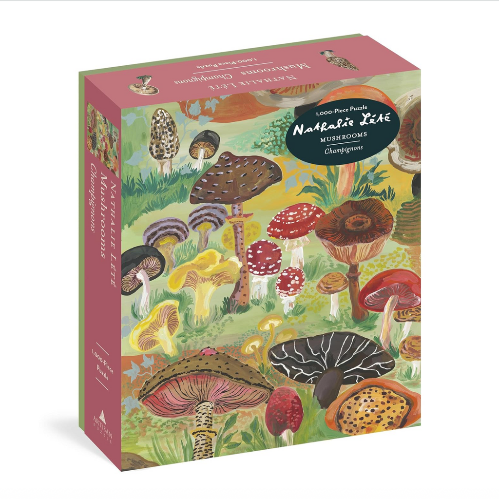 Box of a mushroom-themed puzzle with colorful illustrations on a white background