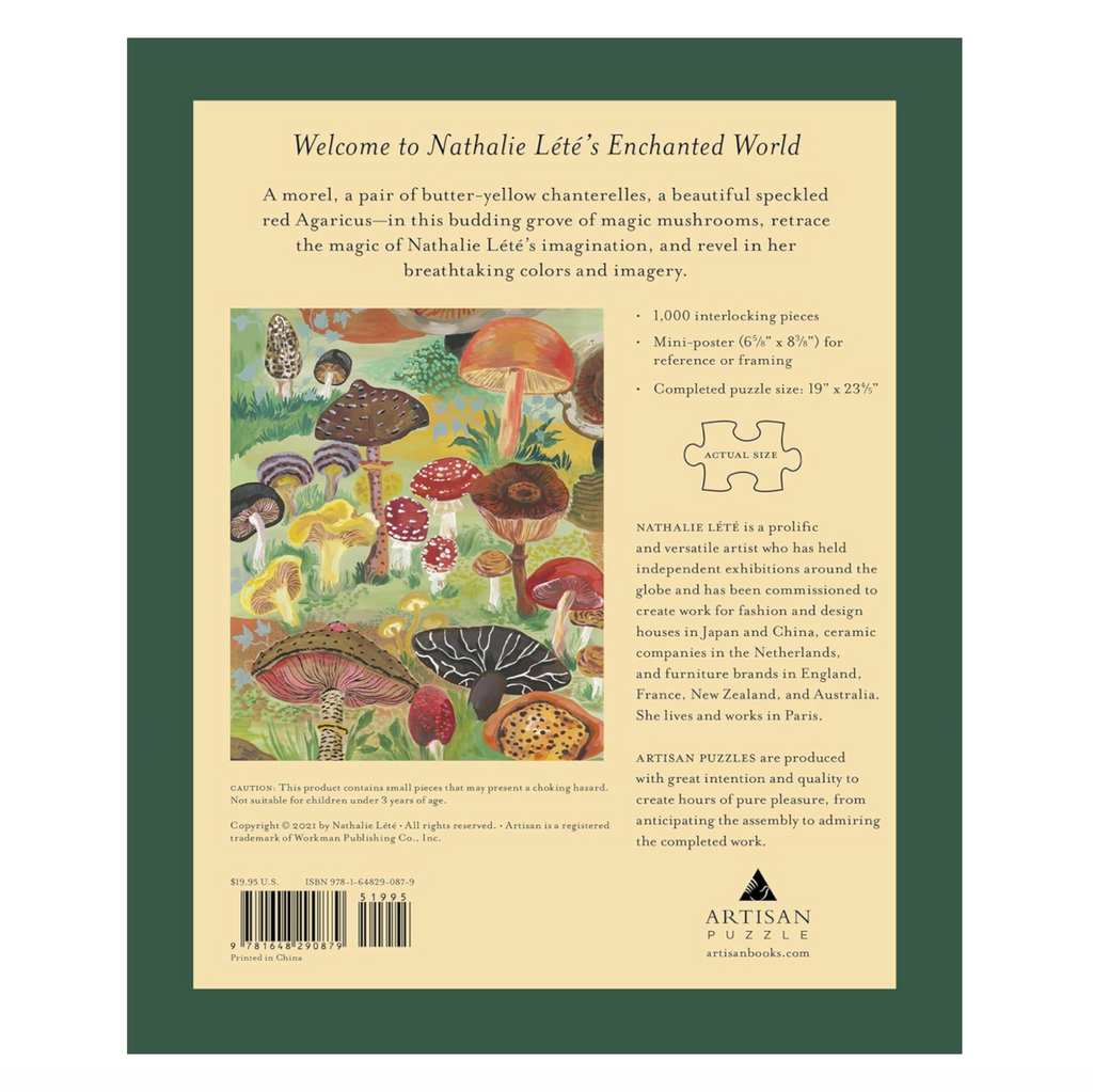 Back cover of puzzle with illustrations of mushrooms and text about Nathalie Lete's work.