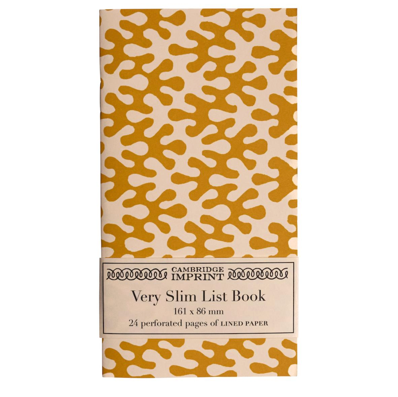 Cambridge Imprint very slim list book with gold and beige pattern on a white background