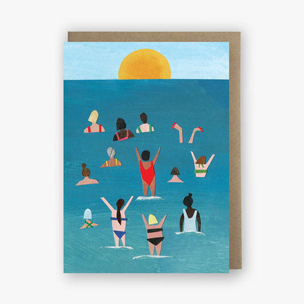 Illustration of people in the water with a sunset, on a greeting card.