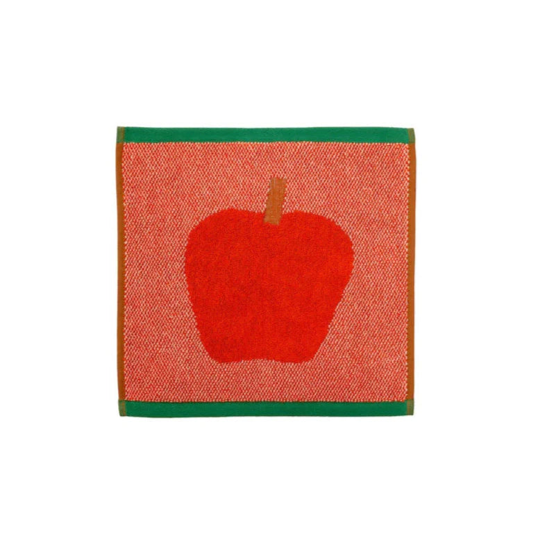 Face cloth with a red apple design on a white background