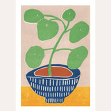 Illustration of a potted plant in a blue pot on a beige background with a yellow border