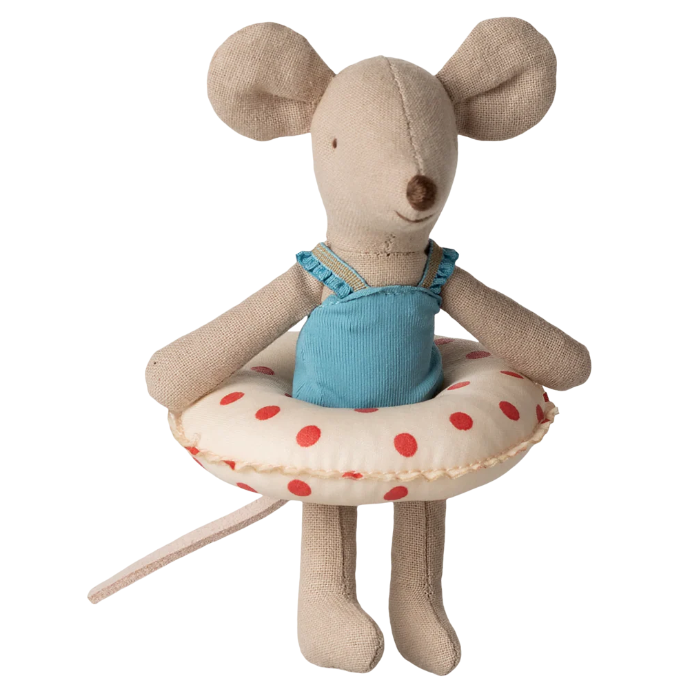 maileg - little sister beach mouse with red dotty float - winter's moon