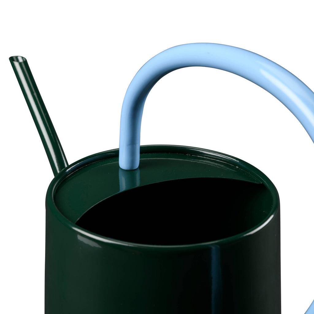 Dark green watering can with blue handle