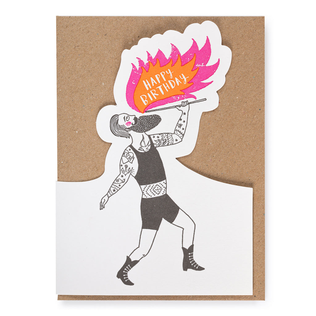 Greetings card by Archivist Gallery, featuring a firebreathing circus performer, with a message that reads 'Happy Birthday'