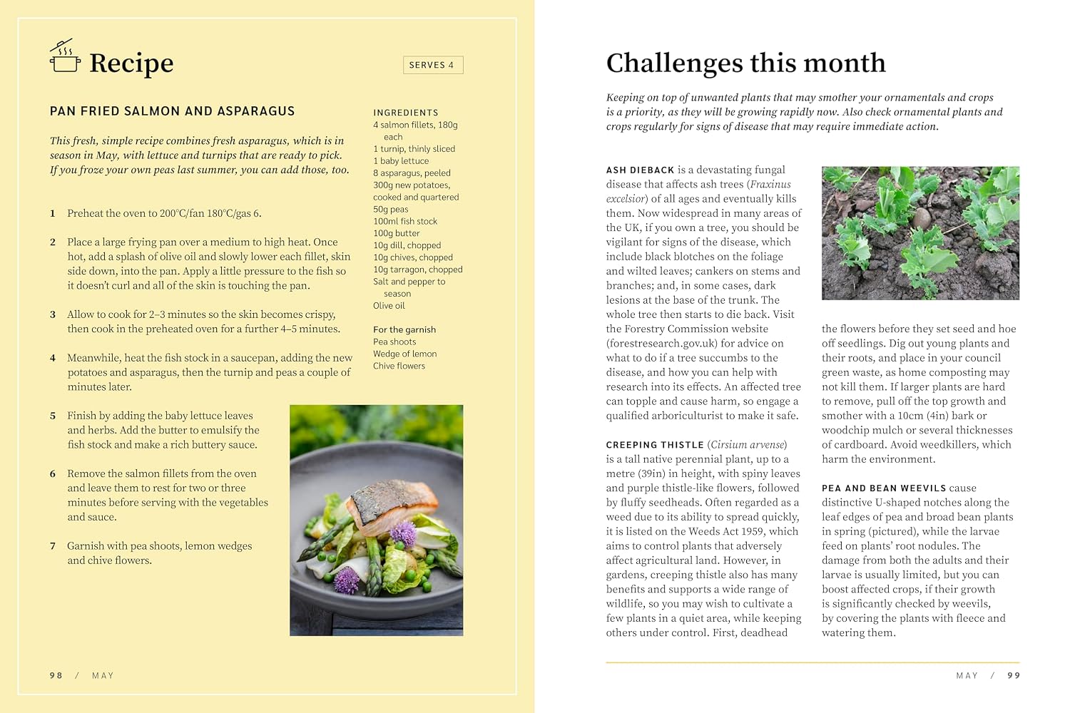 gardners - rhs garden almanac 2027 book spread about salmon recipe - winter's moon