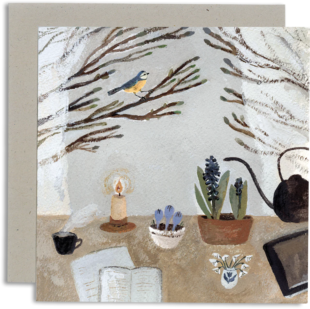 Card with illustration of a bird on a branch, candle, plants, and teapot.
