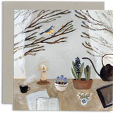 Card with illustration of a bird on a branch, candle, plants, and teapot.