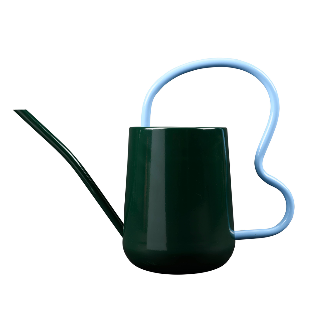 Green watering can with a blue handle on a white background