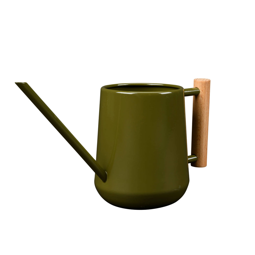 Green watering can with a wooden handle on a white background