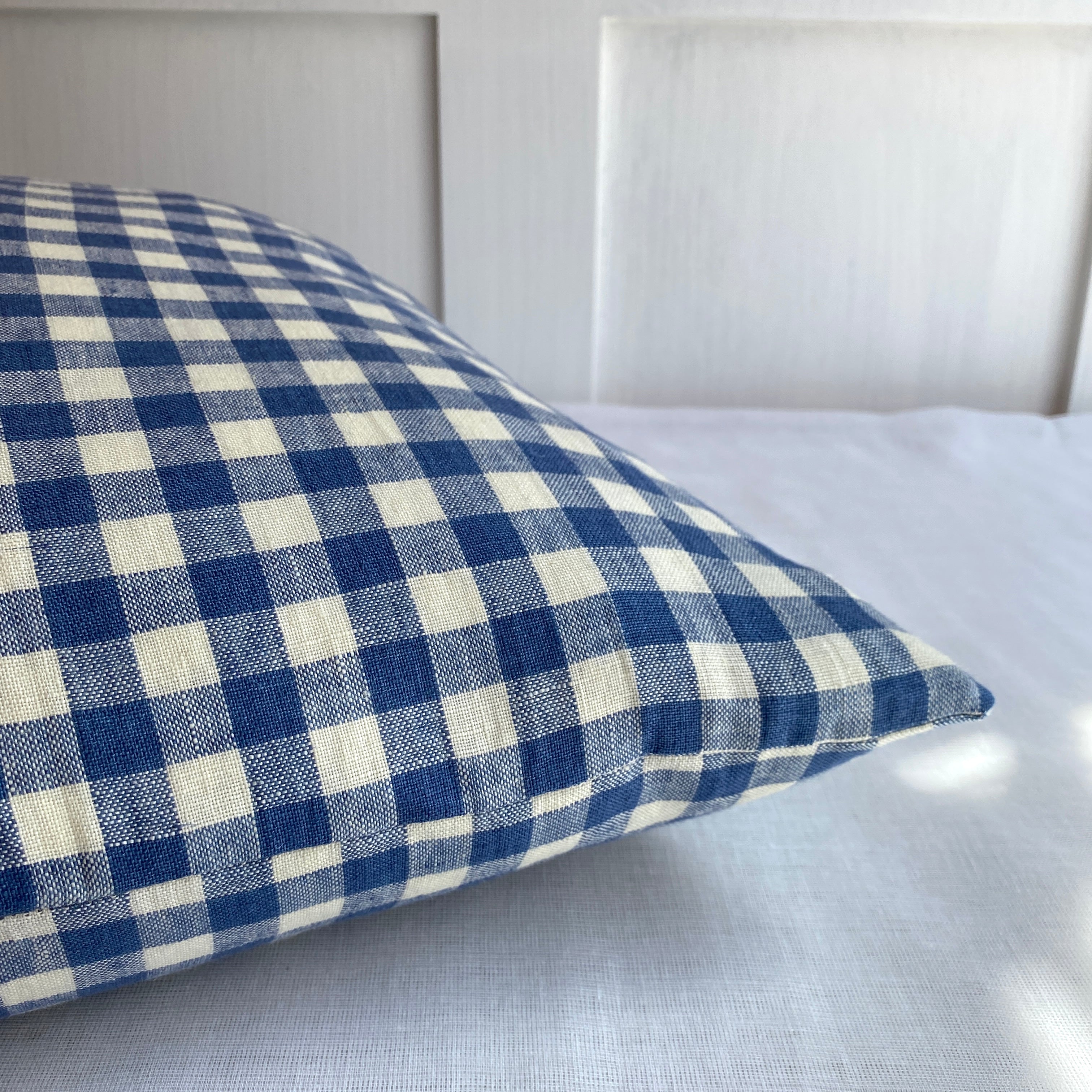 Cushion in Blue & Off White Linen Gingham - Winter's Moon 