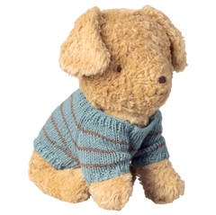 maileg - small soft sand puppy wearing a blue and brown striped knitted sweater on white background - winter's moon