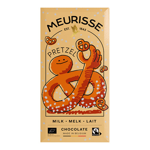 diverse fine food - bar of pretzel meurisse chocolate on white background - winter's moon