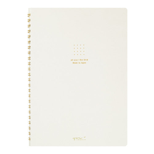 Midori Ringbound Notebook - A5 size. Ivory cover with a gold foil text that reads 'Made in Japan'. Gold ring binding and gold foil stamped Midori logo at the bottom.