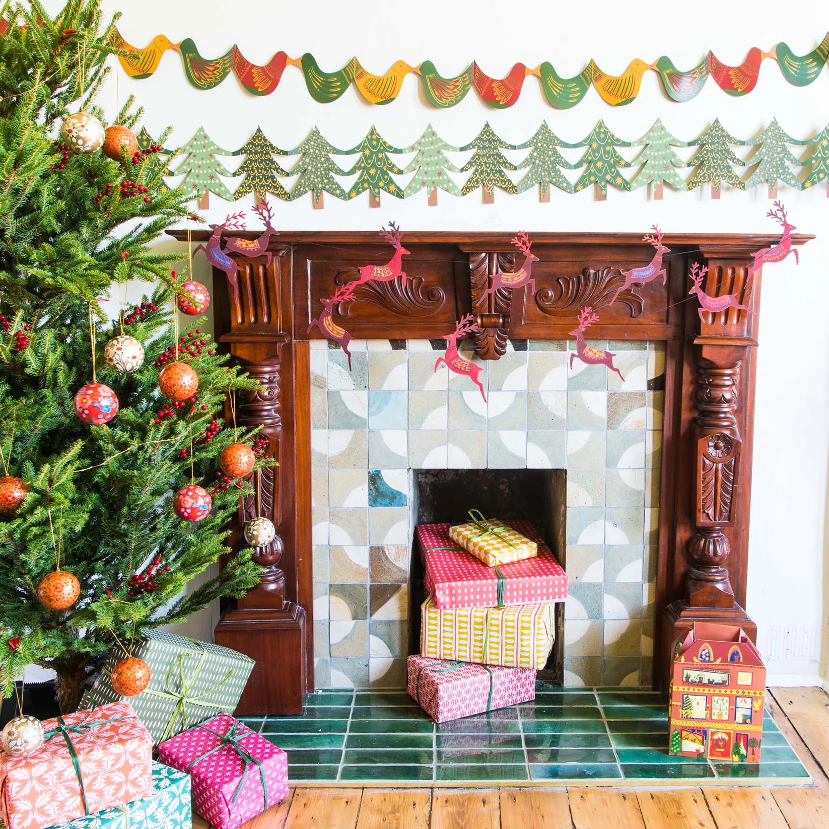 Hand-Printed Reindeer Paper Garland - Winter's Moon 