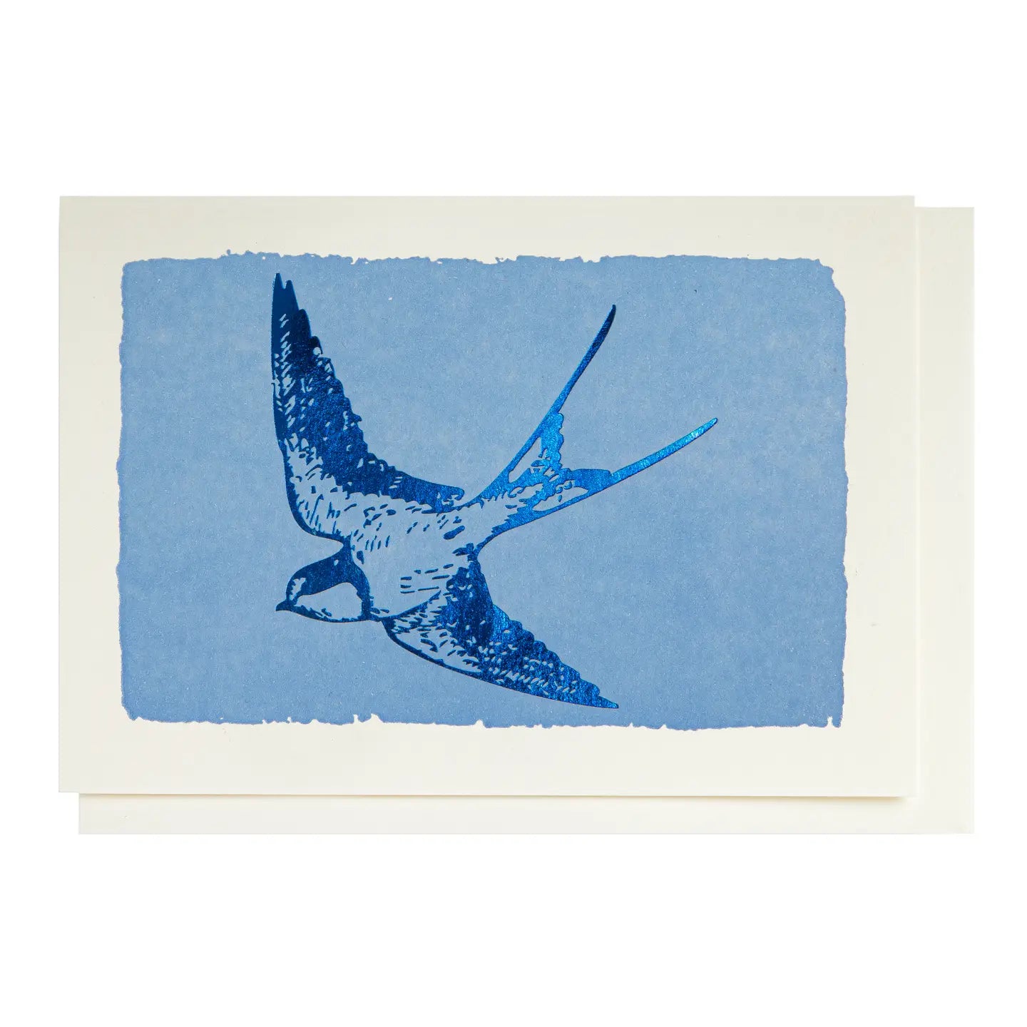 card with blue background and metallic swallow design