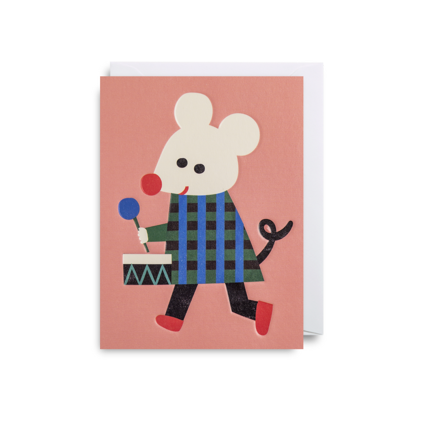 A mini pink greetings card from Lagom Design, featuring an illustration of a mouse with a drum.