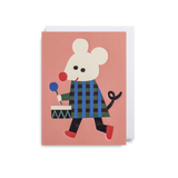 A mini pink greetings card from Lagom Design, featuring an illustration of a mouse with a drum.