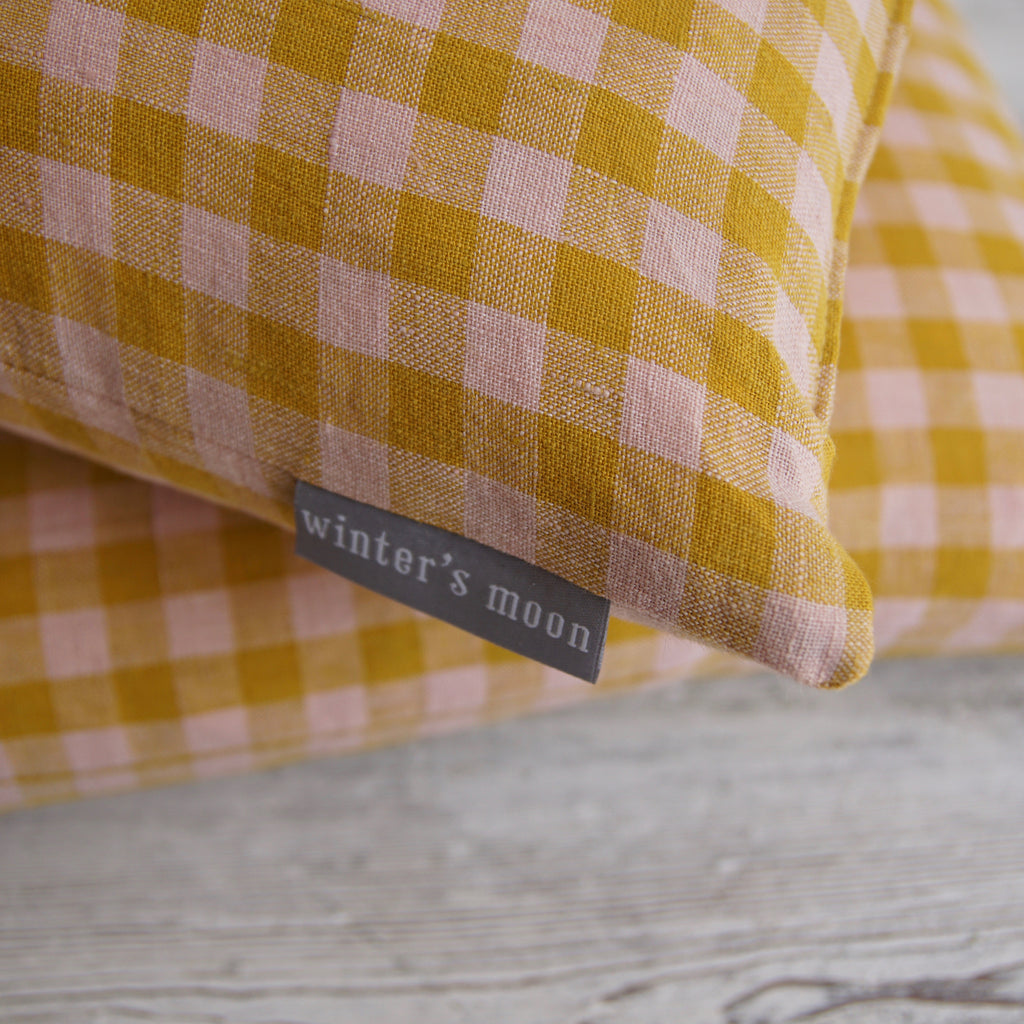 Cushion in Rhubarb & Custard Linen Gingham - Winter's Moon 