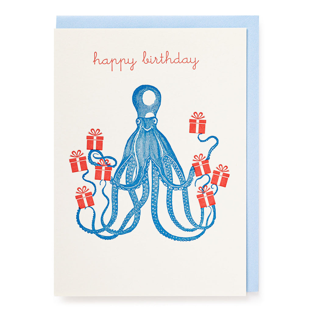 Greetings card by Archivist Gallery, featuring an octopus holding presents. Card reads 'Happy Birthday'