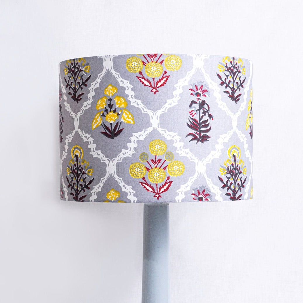 Grey Trellis Block-Print Fabric Lampshade - Winter's Moon 